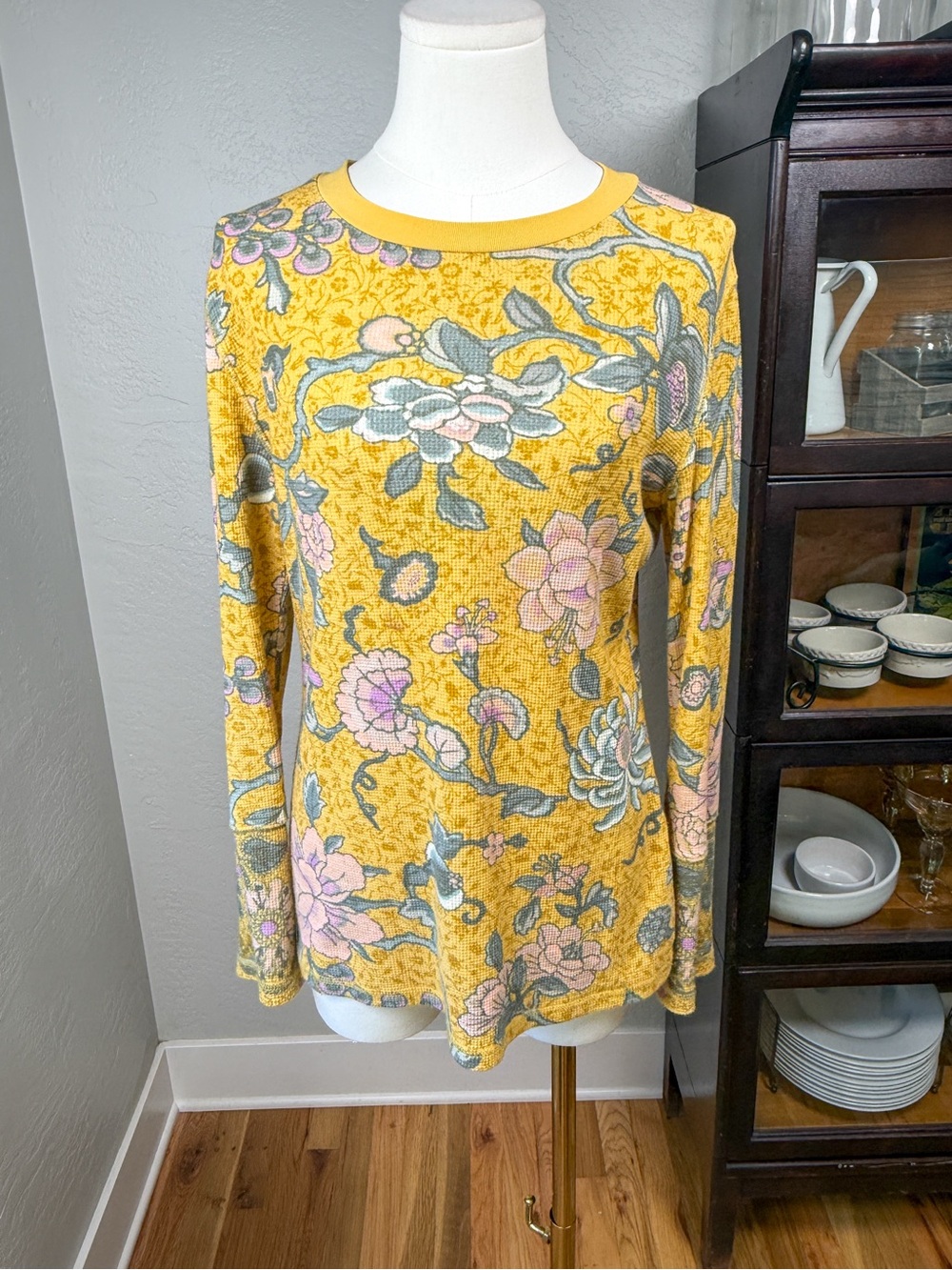 Sundance Floral Waffle Knit Top Mustard Yellow Boho Long Sleeve Size M